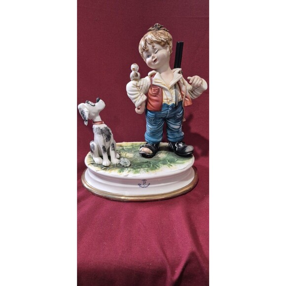 VTG Large Capodimonte Porcelain Figurine Fiorenzo Meneghetti Boy Dog Huntin MINT